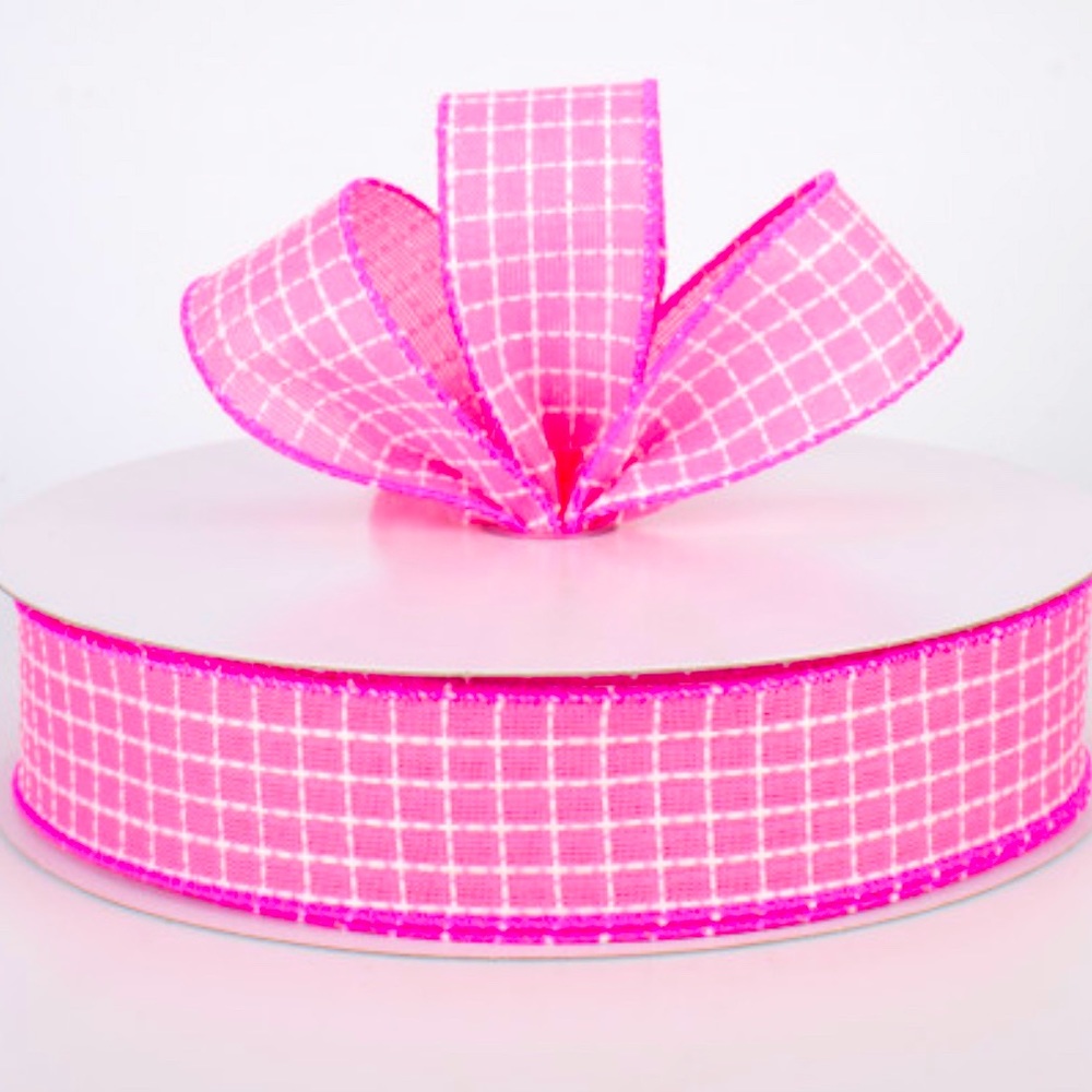 RIBBON 1.5" Wide Wired edge PINK check Ribbon 15 yards (45 ft) Barbie pink Luxe